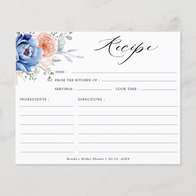 Navy Blue Slate Dusty Blush Bridal Shower Recipe (Front)
