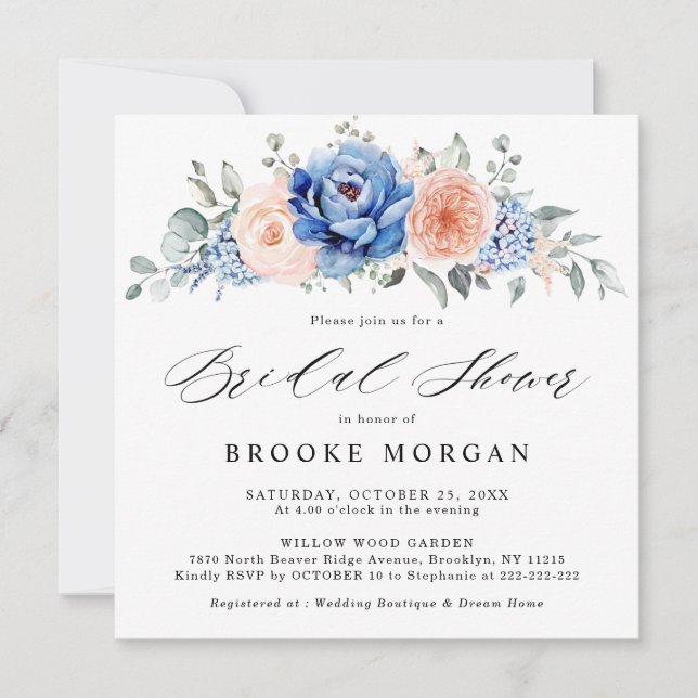 Navy Blue Slate Dusty Blush Pink Bridal Shower Invitation (Front)