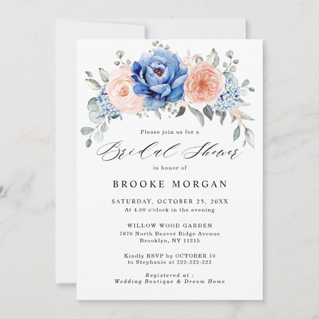 Navy Blue Slate Dusty Blush Pink Bridal Shower Invitation (Front)