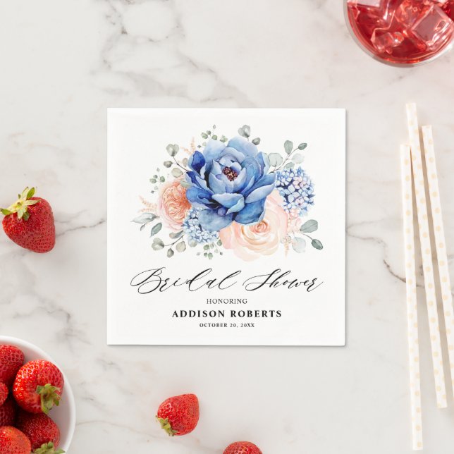 Navy Blue Slate Dusty Blush Pink Bridal Shower Napkin (Insitu)