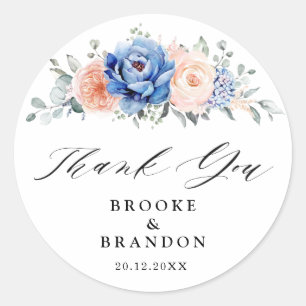 Navy Blue Slate Dusty Blush Pink Floral Thank you Classic Round Sticker