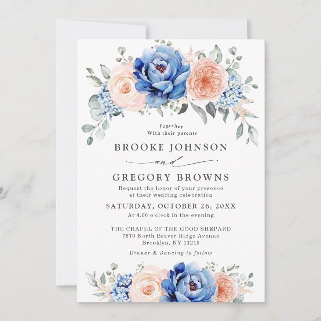 Navy Blue Slate Dusty Blush Pink Floral Wedding  Invitation (Front)