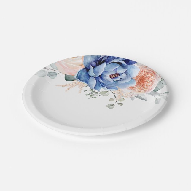 Navy Blue Slate Dusty Blush Pink Floral Wedding  Paper Plate (Angled)