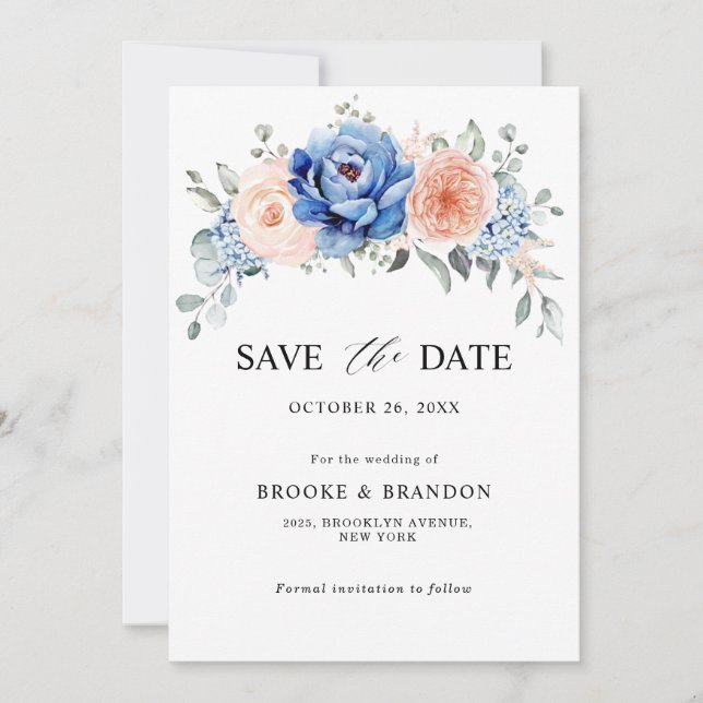 Navy Blue Slate Dusty Blush Pink Floral Wedding  Save The Date (Front)