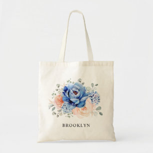 Navy Blue Slate Dusty Blush Pink Floral Wedding  Tote Bag