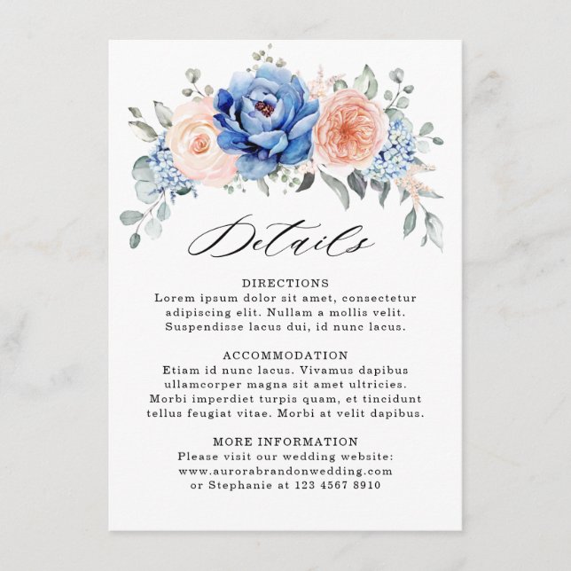Navy Blue Slate Dusty Blush Pink Wedding Details Enclosure Card (Front)