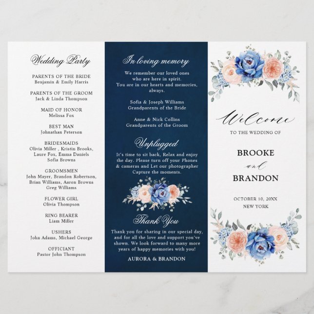 Navy Blue Slate Dusty Blush Pink Wedding Pogram (Front)