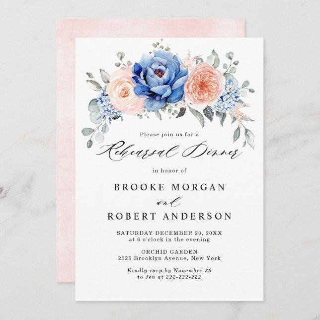 Navy Blue Slate Dusty Blush Rehearsal Dinner Invitation (Front/Back)