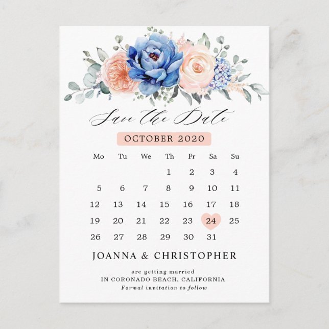 Navy Blue Slate Dusty Blush Save the date Postcard (Front)