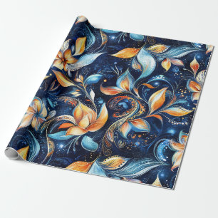 Navy Blue Slavic Folk Art Floral in Orange & Blue Wrapping Paper