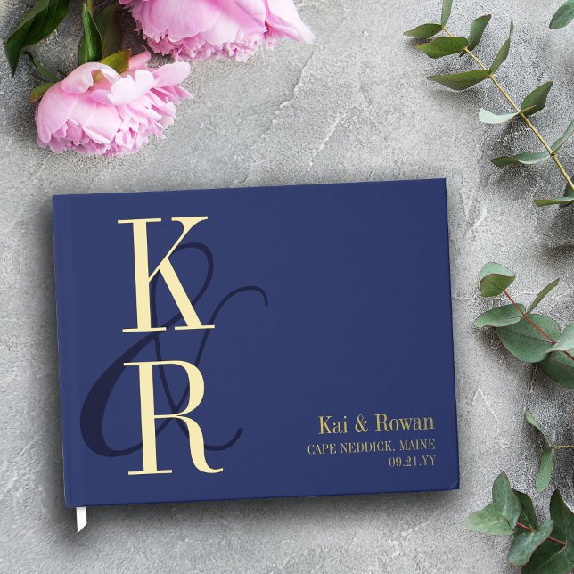 Navy Blue Slender Ampersand Gold Intials Wedding Guest Book (Creator Uploaded)