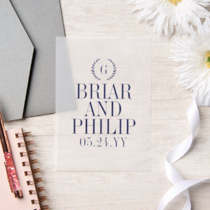 Navy Blue Slender Laurel Wreath Monogram Wedding Vellum Invitations