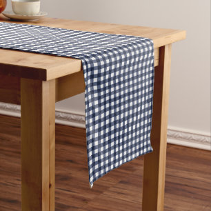 Navy Blue Small Classic Gingham Check Plaid Long Table Runner