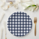 Navy Blue Small Classic Gingham Check Plaid Paper Plate<br><div class="desc">Modern summer trend,  picnic gingham plaid tartan pattern in navy blue and white colours.</div>