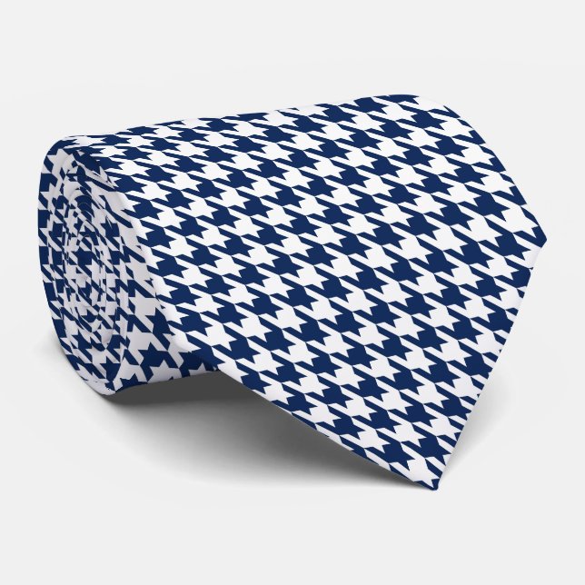 Navy Blue Small Pattern Houndstooth White Tie (Rolled)