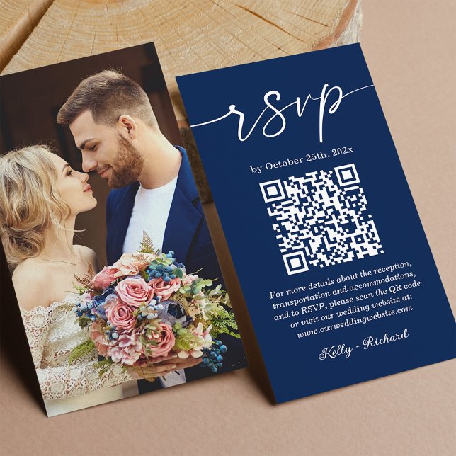 Navy Blue Small Wedding Website RSVP QR Code Enclosure Card (Creator Uploaded)