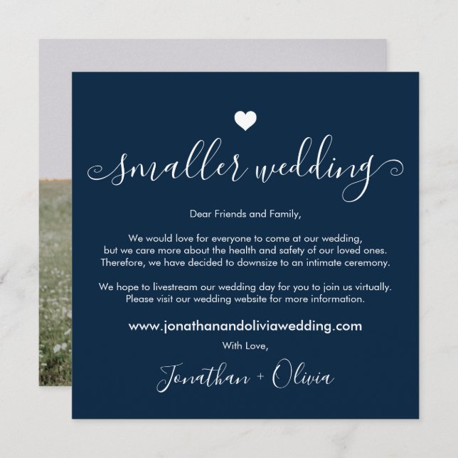 Navy Blue Smaller Wedding Photo Downsized Wedding Announcement (Front/Back)