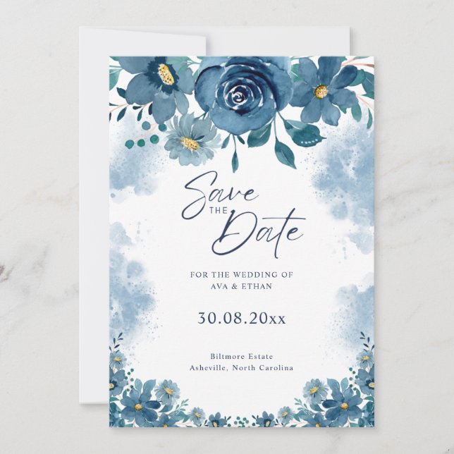 Navy Blue Smoke Floral Wedding Save The Date Invitation (Front)