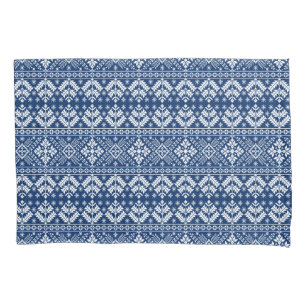 Navy Blue Snowflake & Floral Fair Isle Christmas Pillowcase