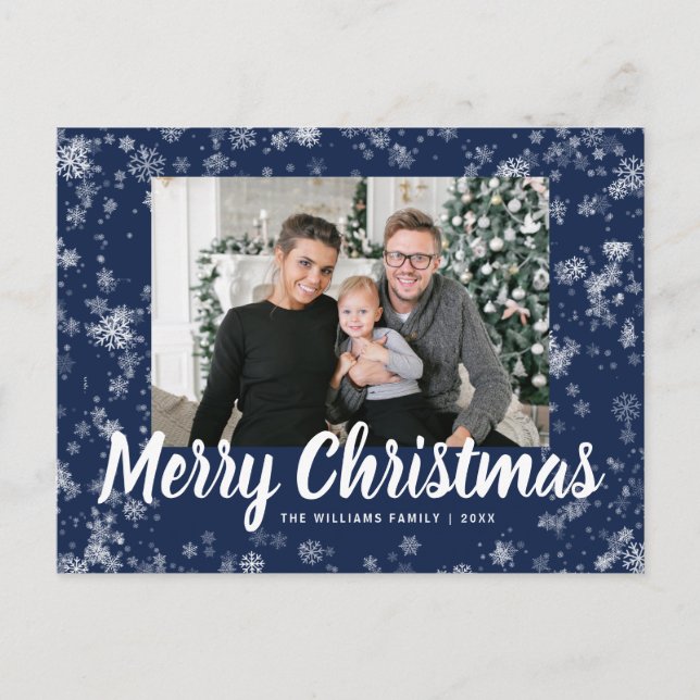 Navy Blue Snowflake Photo Christmas Postcard (Front)