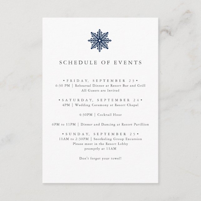 NAVY BLUE SNOWFLAKE WEDDING SCHEDULE OF EVENTS ENCLOSURE CARD (Front)