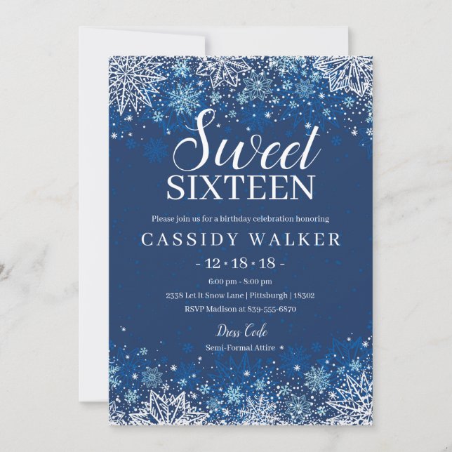 Navy Blue Snowflake Winter Sweet 16 Birthday Invitation (Front)
