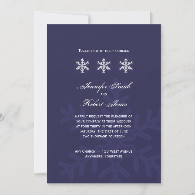 Navy Blue Snowflake Winter Wedding Invitation (Front)