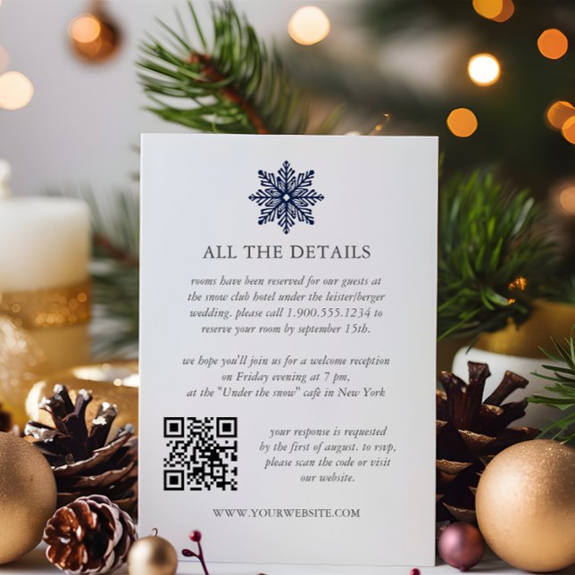 Navy Blue Snowflake Winter WEDDING QRCode Details Enclosure Card (Creator Uploaded)