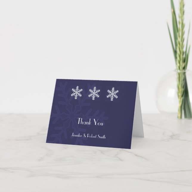Navy Blue Snowflake Winter Wedding Thank You Card (Front)