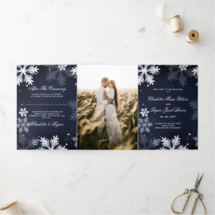 Navy Blue Snowflake Winter Wedding    Tri-Fold Programme