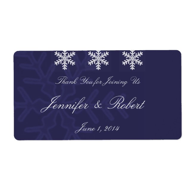 Navy Blue Snowflake Winter Wedding Water Label (Front)