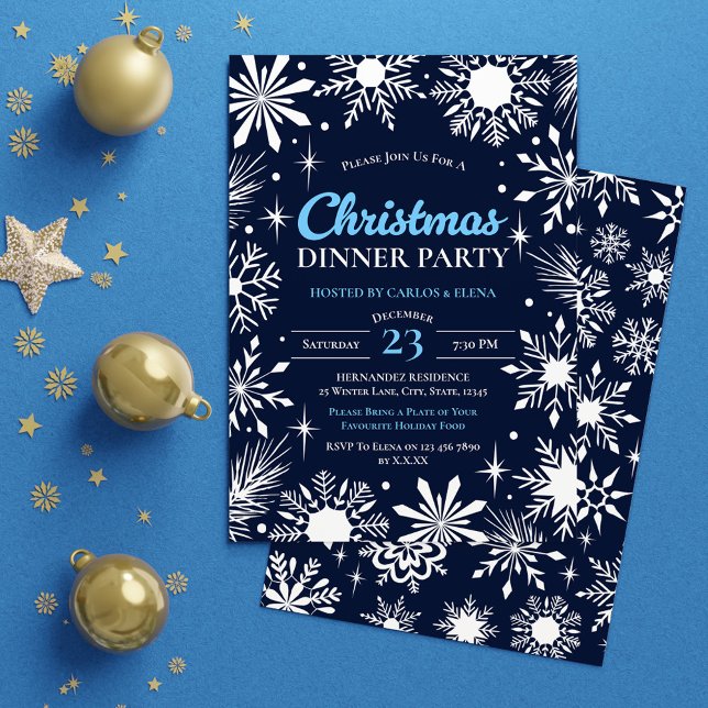Navy Blue Snowflakes Christmas Dinner Party  Invitation (Navy Blue Snowflakes Christmas Dinner Party Invitation)