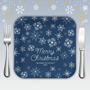 Navy Blue Snowflakes Christmas Party Paper Plate