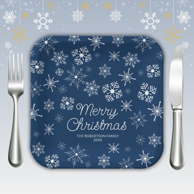 Navy Blue Snowflakes Christmas Party Paper Plate (Creator Uploaded)