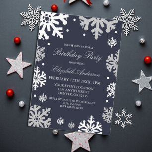 Navy Blue Snowflakes Winter Birthday Invitation