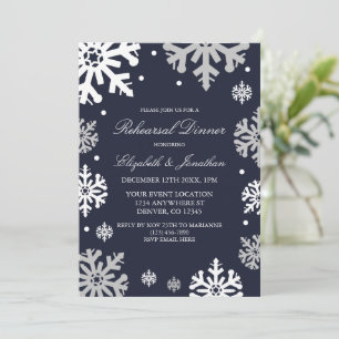 Navy Blue Snowflakes Winter Rehearsal Dinner Invitation