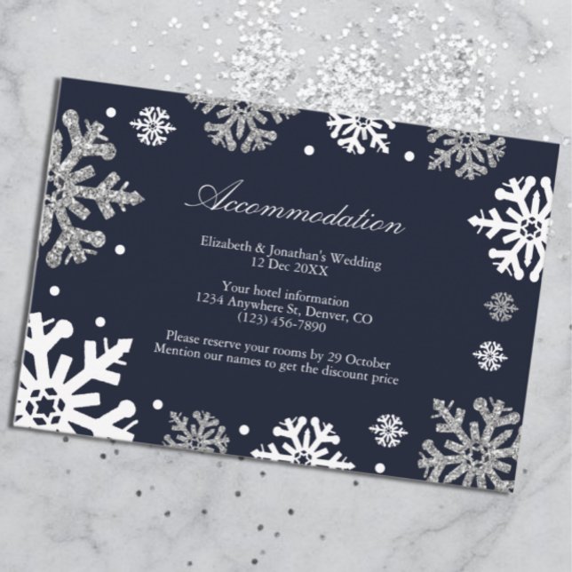 Navy Blue Snowflakes Winter Wedding Accommodation Enclosure Card (Creator Uploaded)