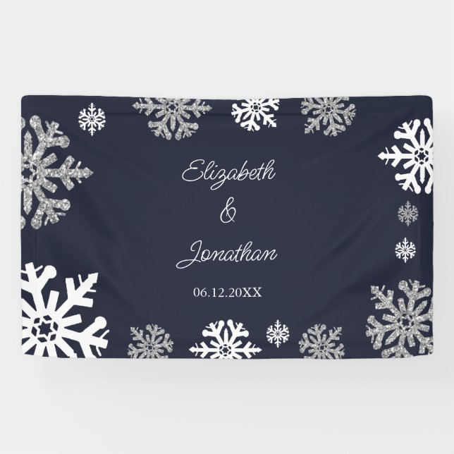 Navy Blue Snowflakes Winter Wedding Banner (Horizontal)