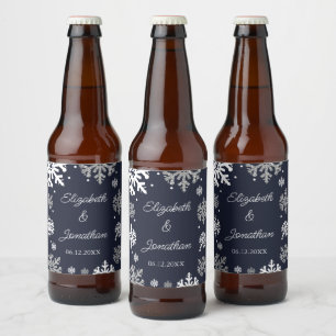 Navy Blue Snowflakes Winter Wedding Beer Bottle Label