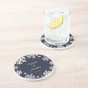 Navy Blue Snowflakes Winter Wedding Coaster