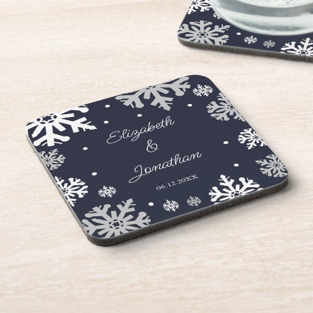 Navy Blue Snowflakes Winter Wedding Coaster (Left Side)