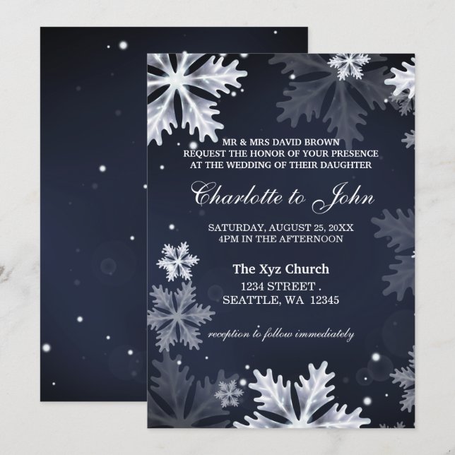 Navy Blue snowflakes winter wedding invitation (Front/Back)