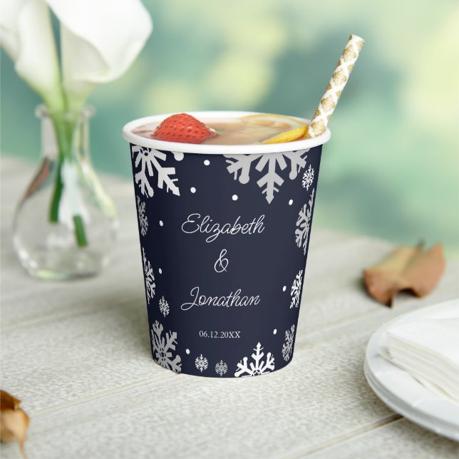 Navy Blue Snowflakes Winter Wedding Paper Cups (Insitu)