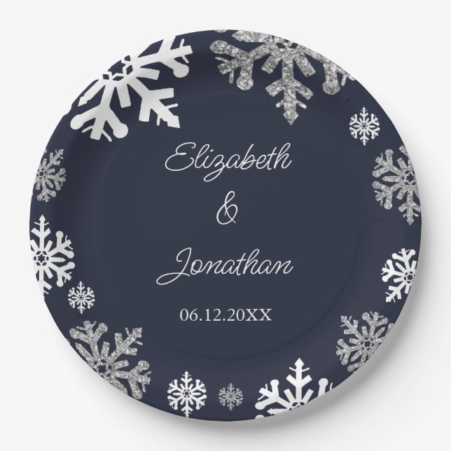 Navy Blue Snowflakes Winter Wedding Paper Plate (Front)