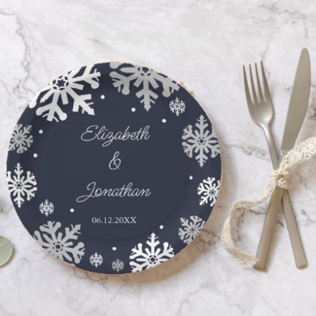Navy Blue Snowflakes Winter Wedding Paper Plate (Creator Uploaded)
