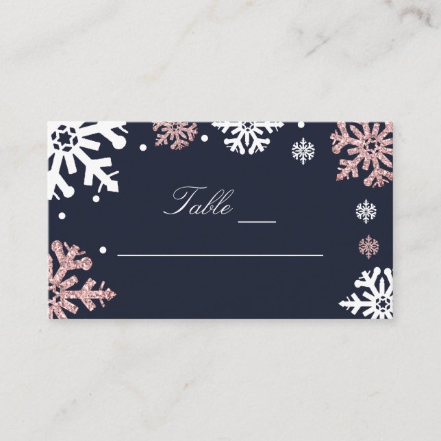 Navy Blue Snowflakes Winter Wedding Place Card (Front)