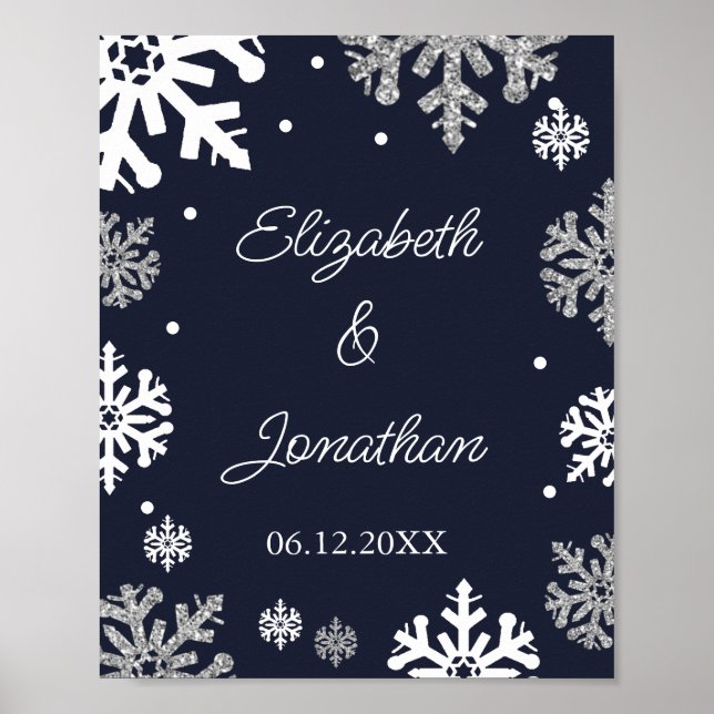 Navy Blue Snowflakes Winter Wedding Poster (Front)