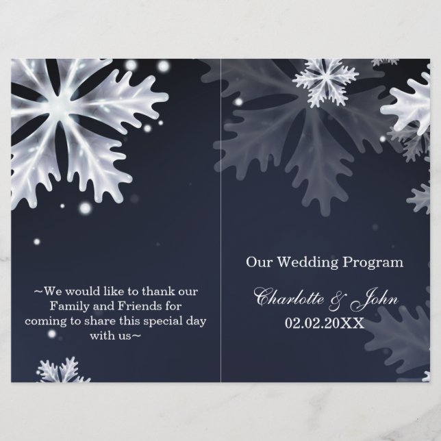 navy blue snowflakes winter wedding program (Front)