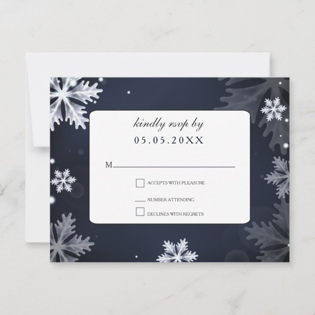 Navy Blue snowflakes winter wedding rsvp Card (Front)