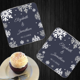 Navy Blue Snowflakes Winter Wedding Square Paper Coaster